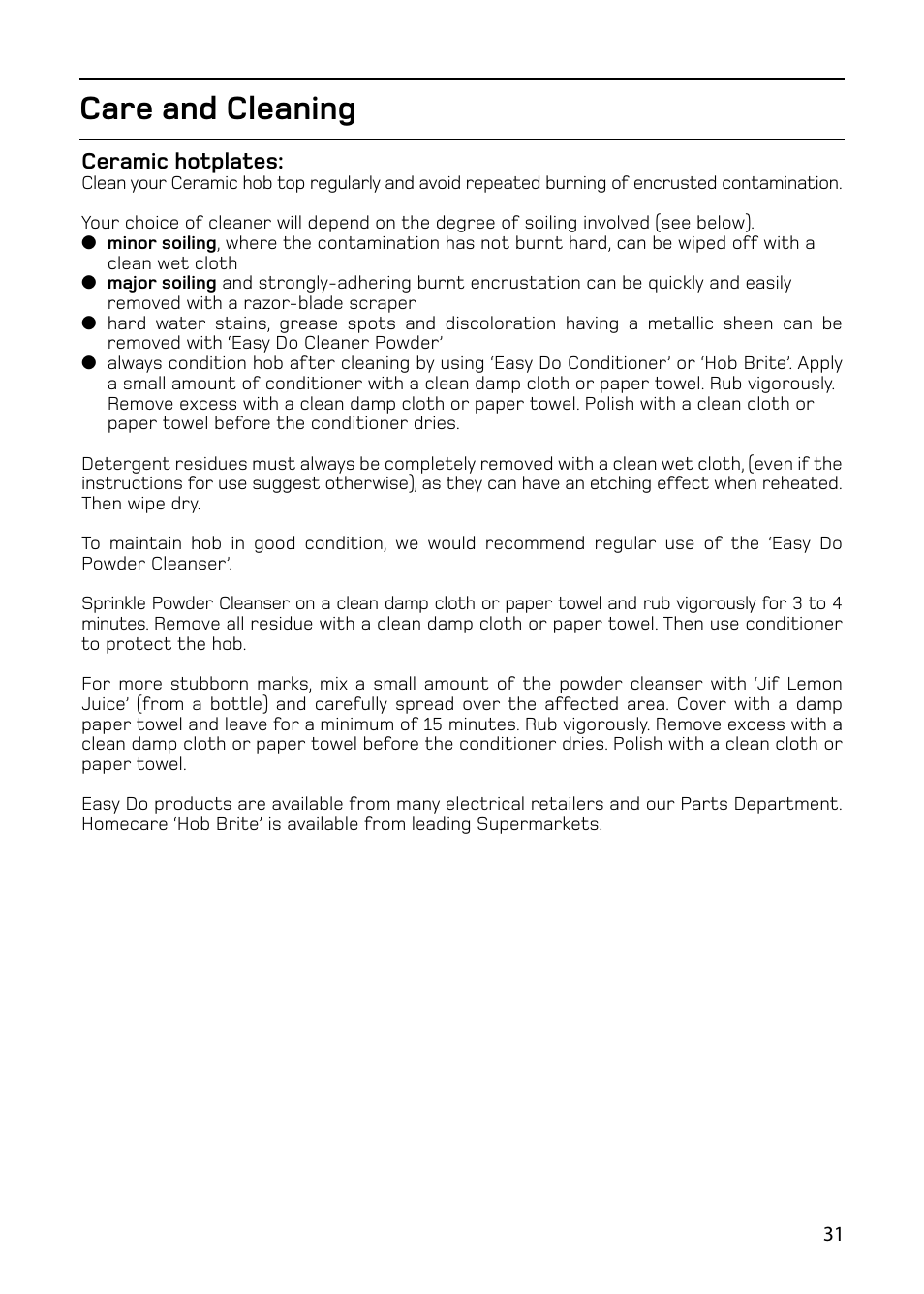 Care and cleaning | Hotpoint 61DC User Manual | Page 31 / 40
