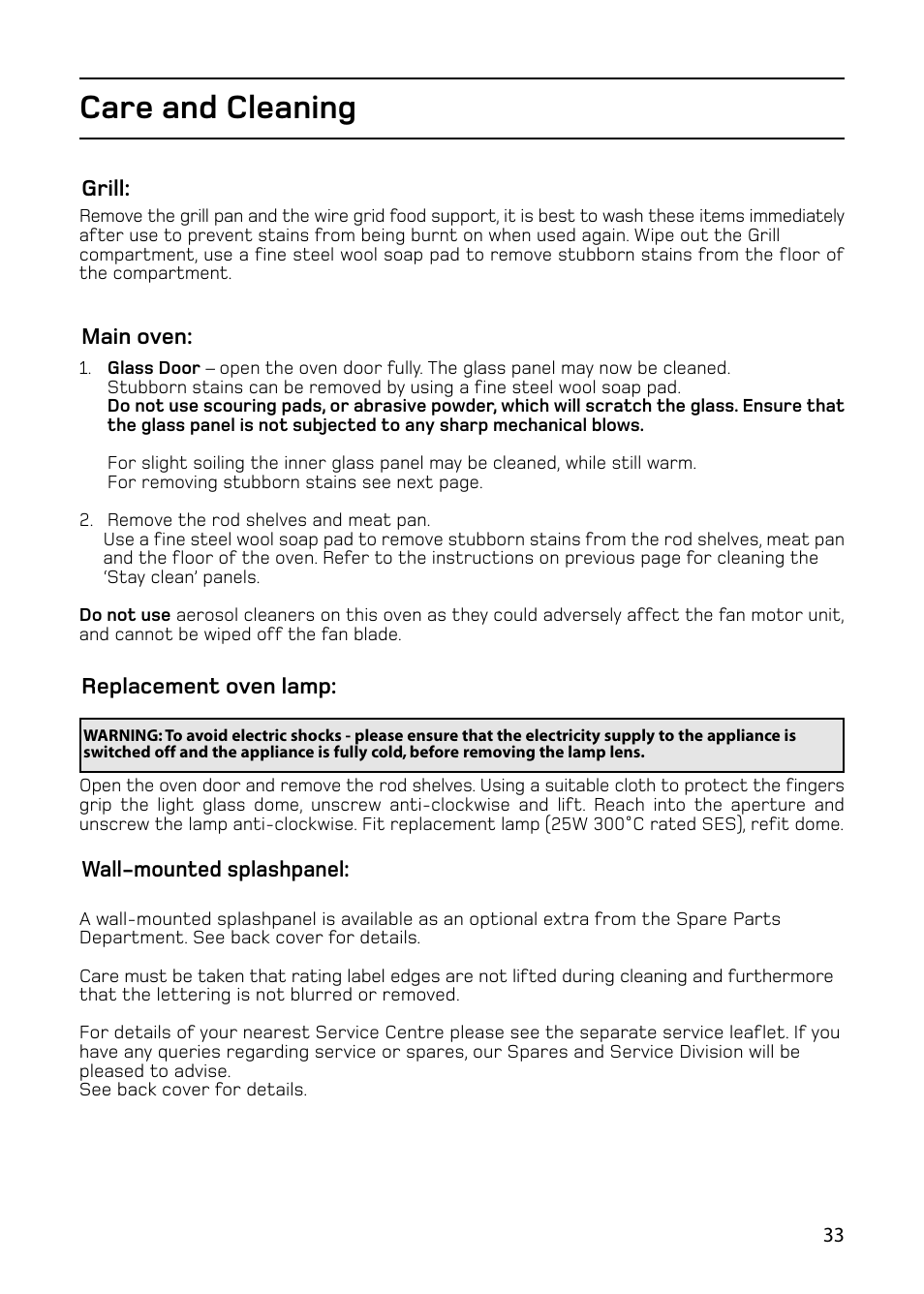 Care and cleaning | Hotpoint 61DC User Manual | Page 33 / 40
