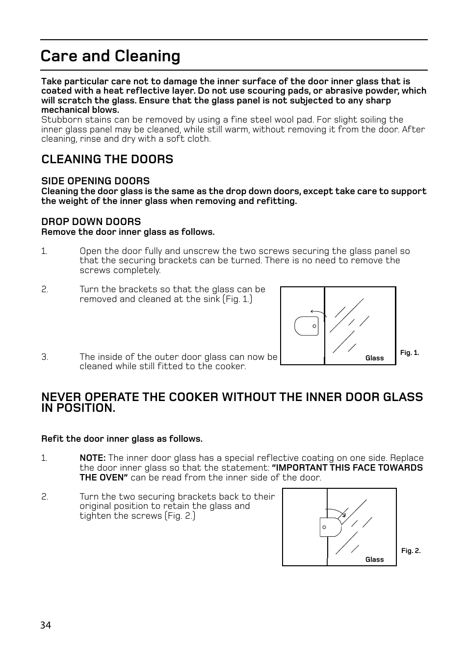 Care and cleaning, Cleaning the doors | Hotpoint 61DC User Manual | Page 34 / 40