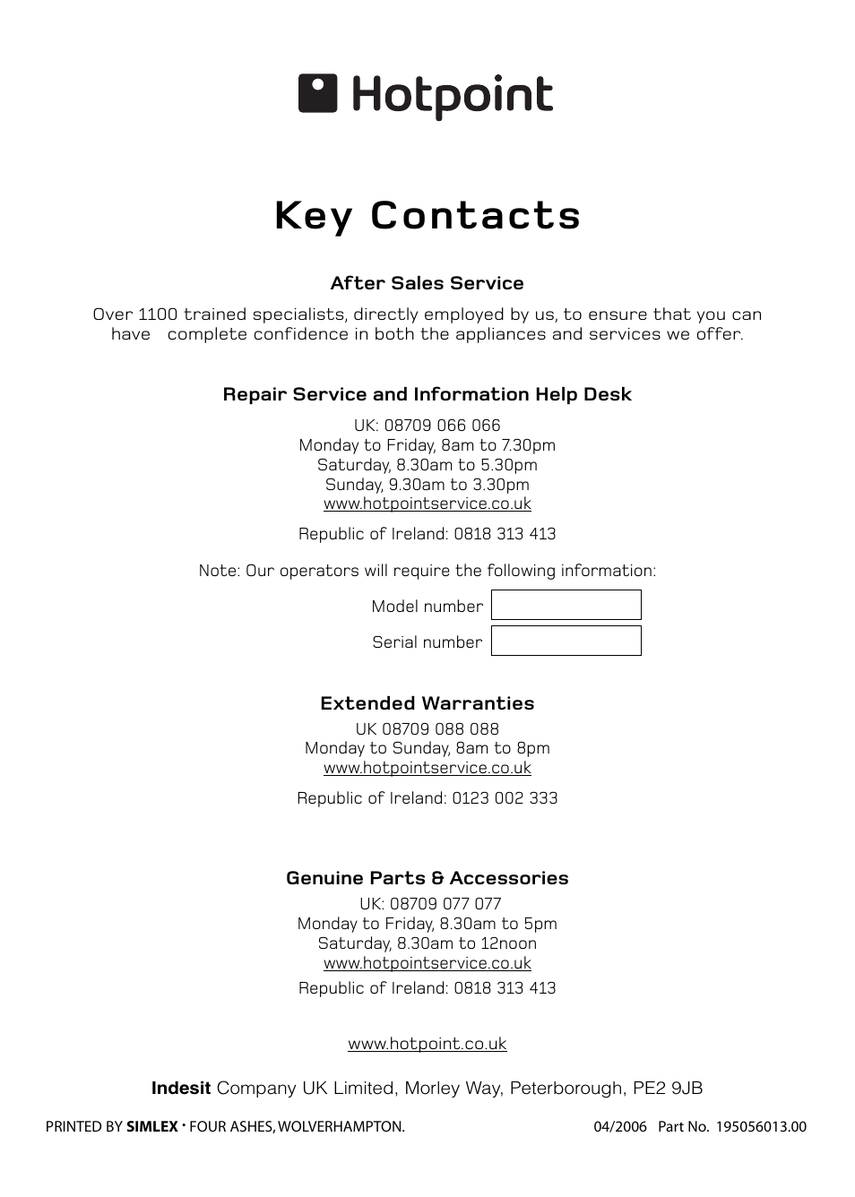 Key contacts | Hotpoint 61DC User Manual | Page 40 / 40