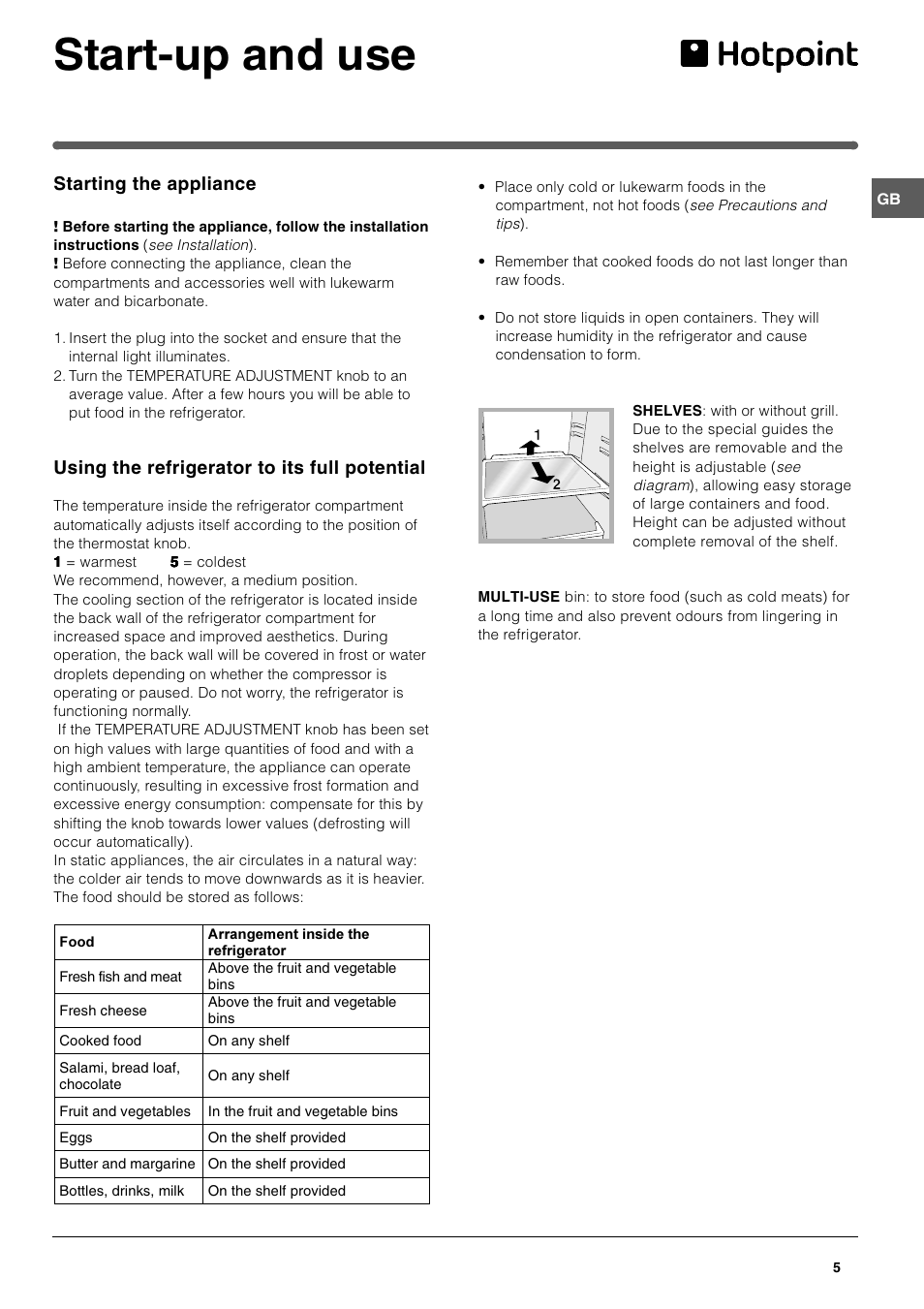 Start-up and use, Starting the appliance, Using the refrigerator to its full potential | Hotpoint HMB312I User Manual | Page 5 / 12