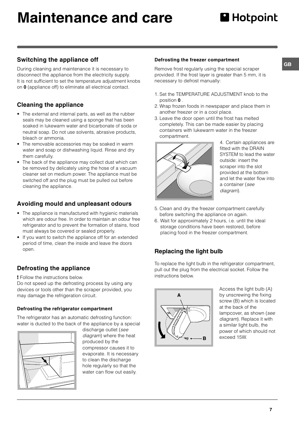 Maintenance and care | Hotpoint HMB312I User Manual | Page 7 / 12