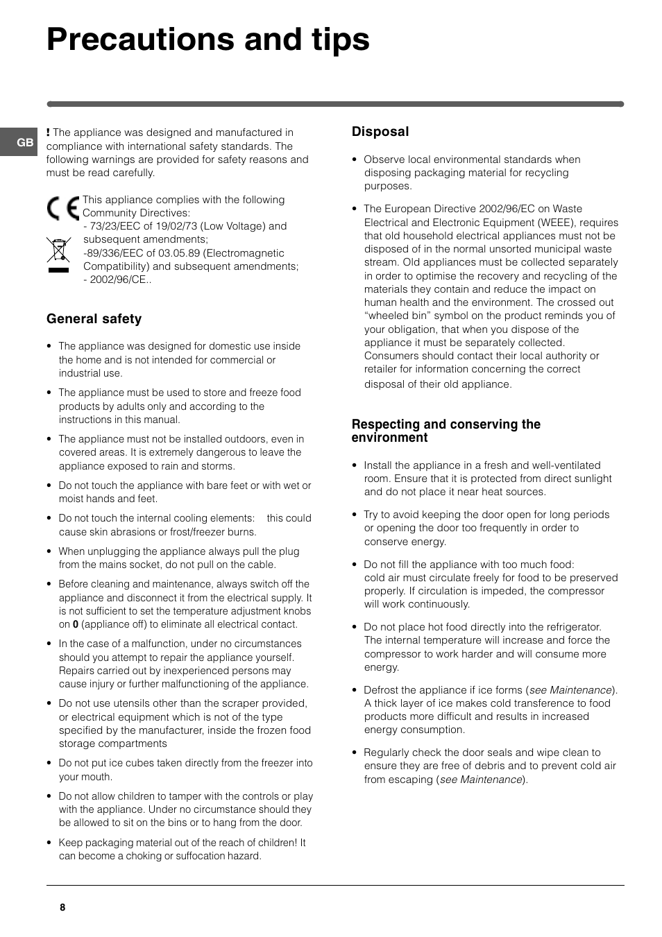 Precautions and tips | Hotpoint HMB312I User Manual | Page 8 / 12