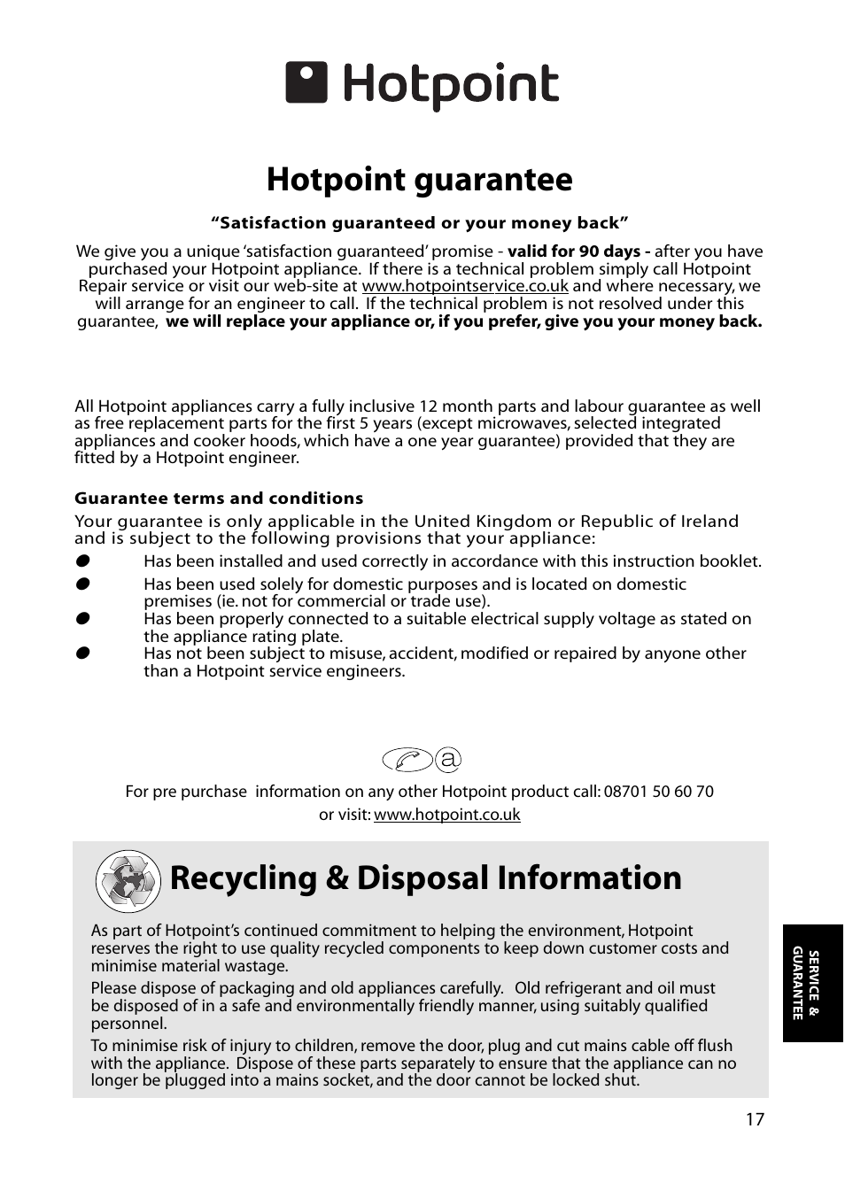 Hotpoint guarantee, Recycling & disposal information | Hotpoint RZM33 User Manual | Page 17 / 20