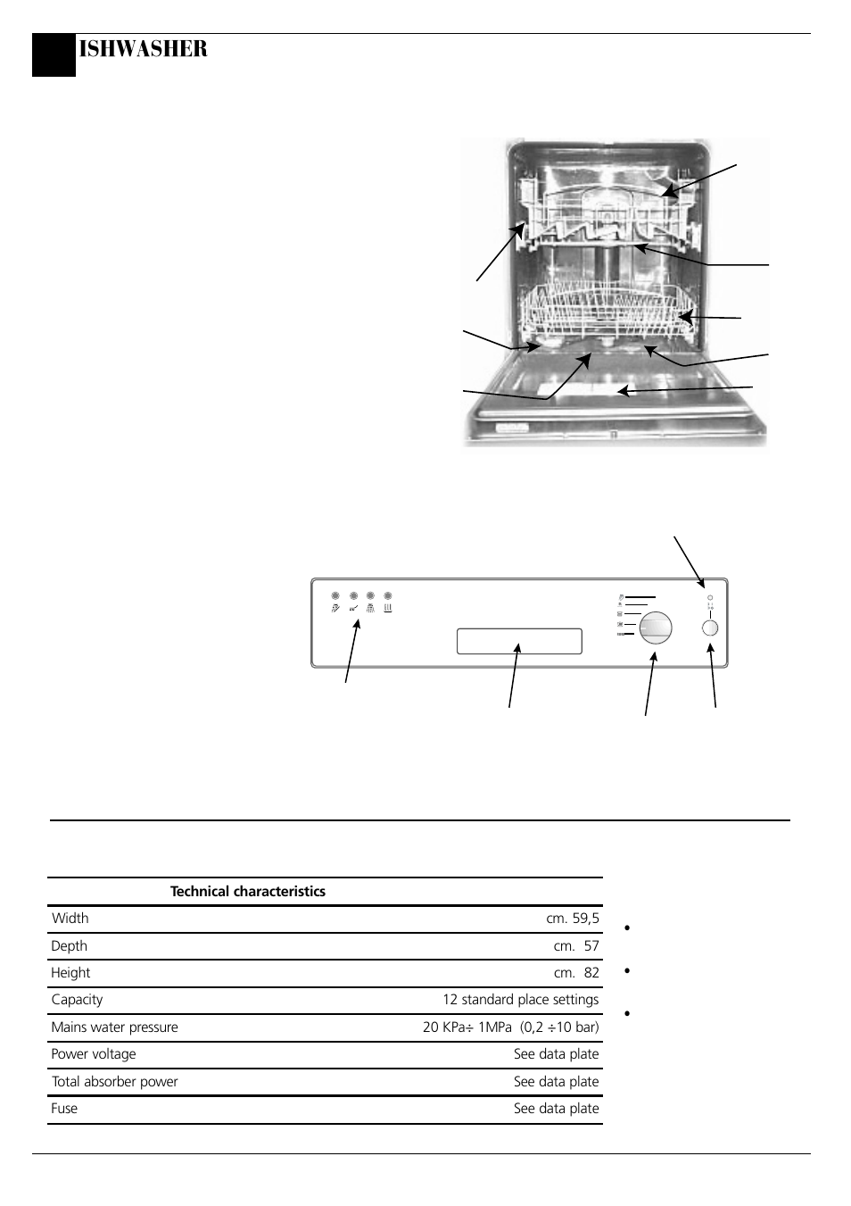 Getting to know your dishwasher, The controls, Technical characteristics | Ishwasher | Hotpoint BFV62 User Manual | Page 8 / 20