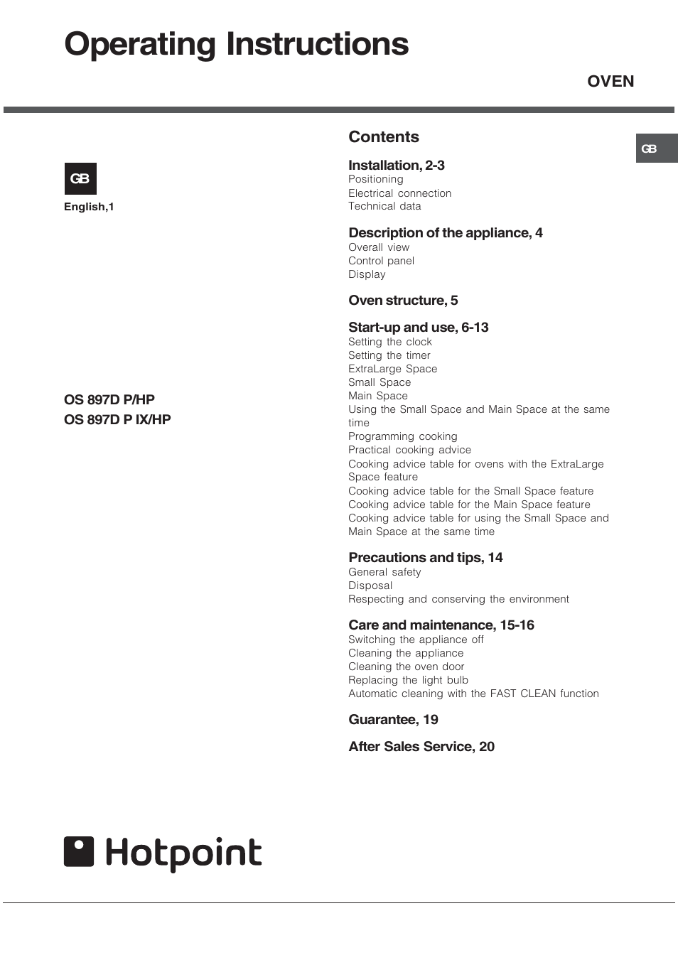 Hotpoint OS User Manual | 20 pages