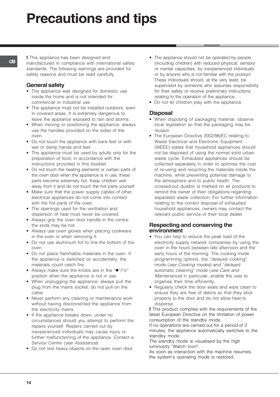 Precautions and tips, General safety, Disposal | Respecting and conserving the environment | Hotpoint OS User Manual | Page 14 / 20