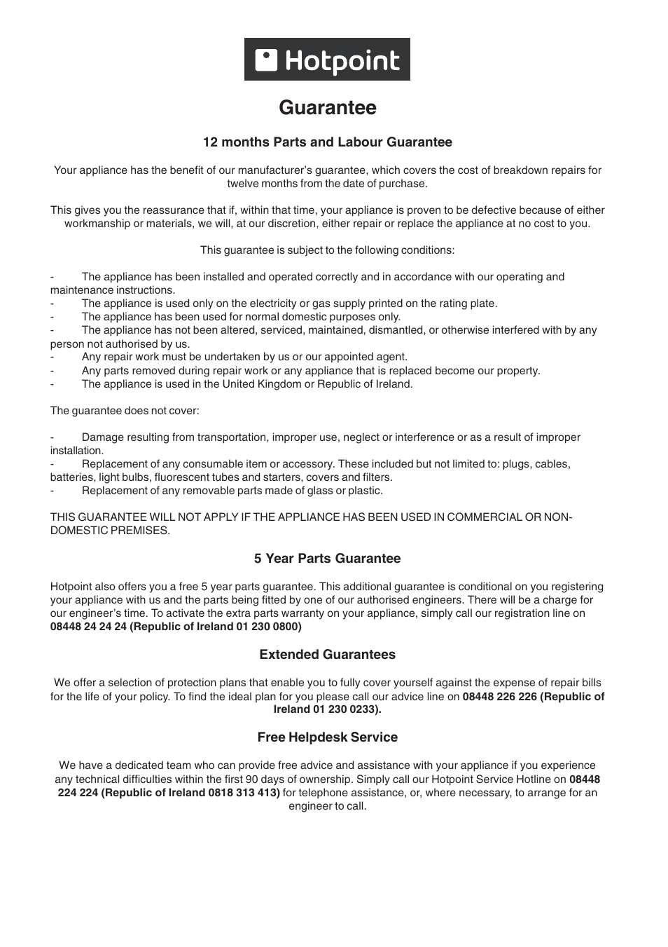Guarantee | Hotpoint OS User Manual | Page 19 / 20