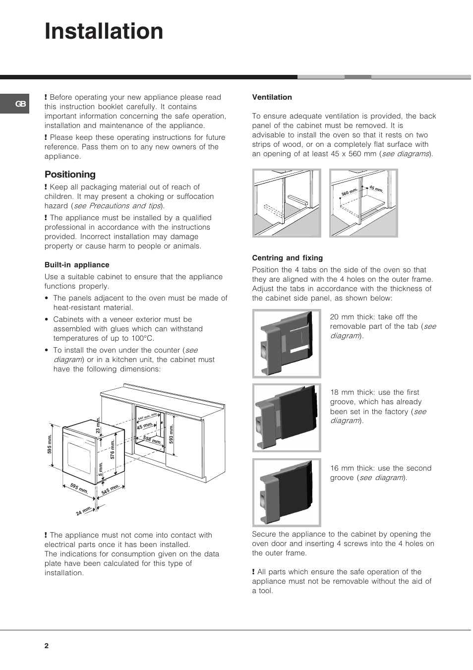 Installation, Positioning | Hotpoint OS User Manual | Page 2 / 20