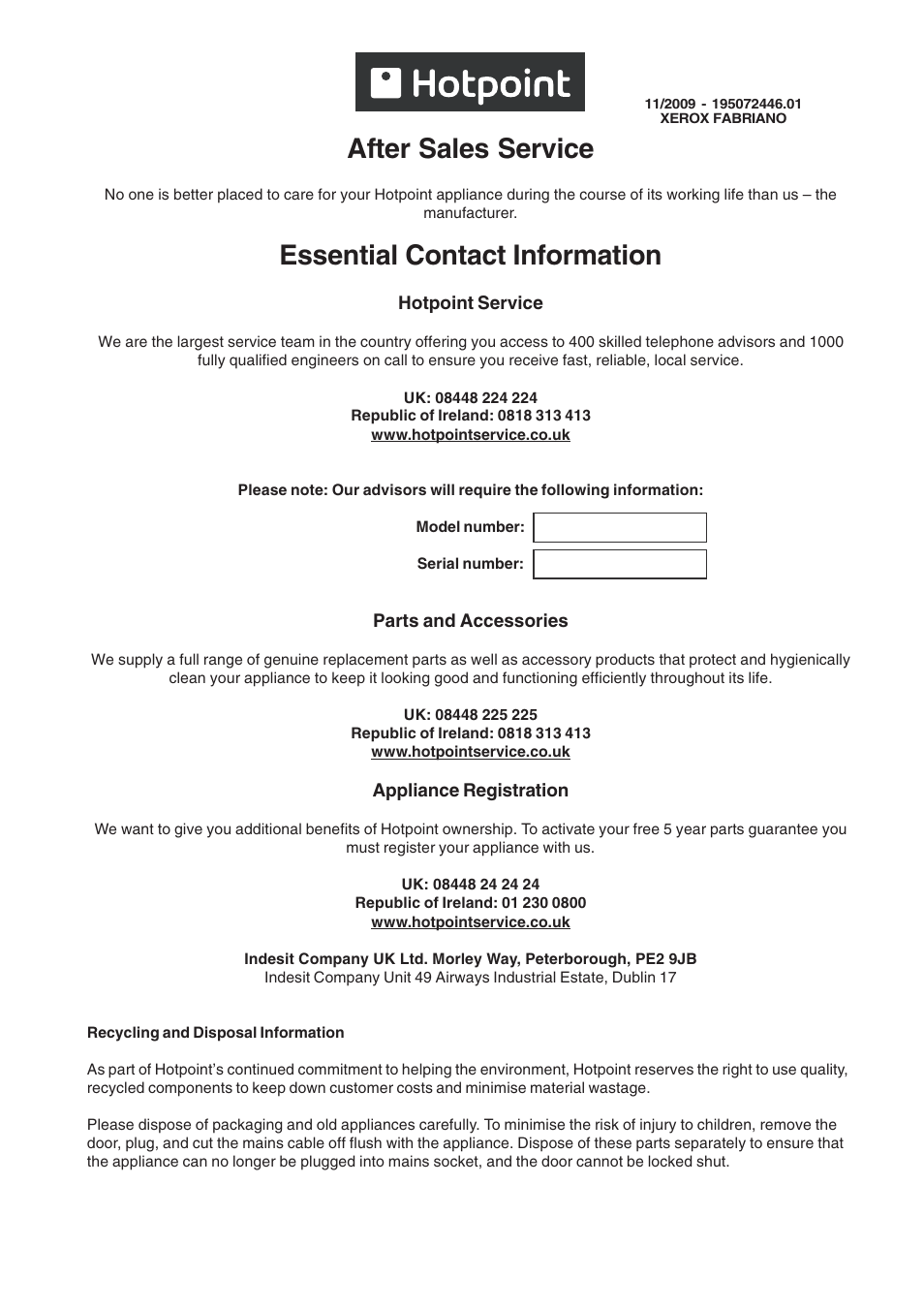 After sales service, Essential contact information | Hotpoint OS User Manual | Page 20 / 20