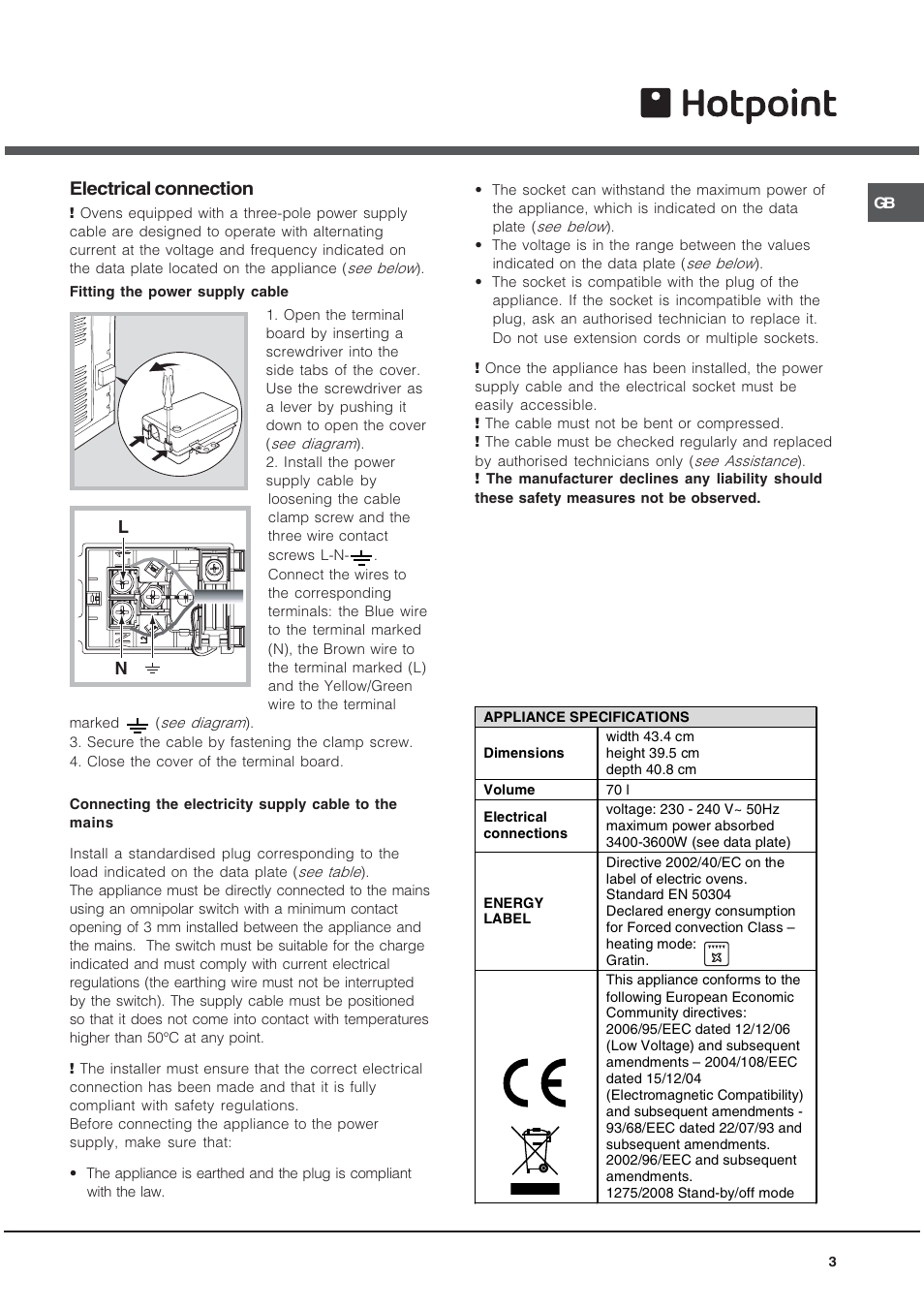 Electrical connection | Hotpoint OS User Manual | Page 3 / 20