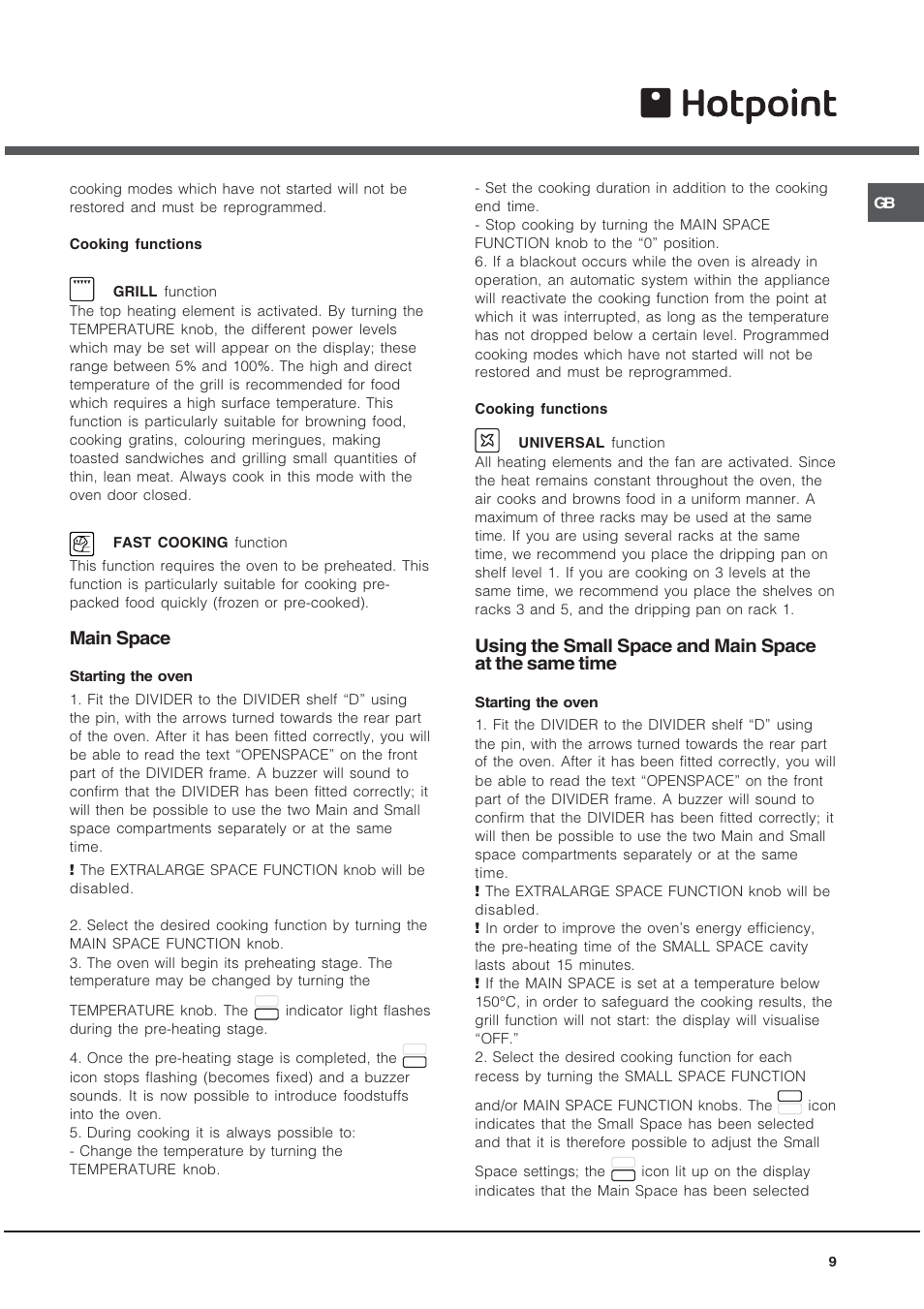 Main space | Hotpoint OS User Manual | Page 9 / 20
