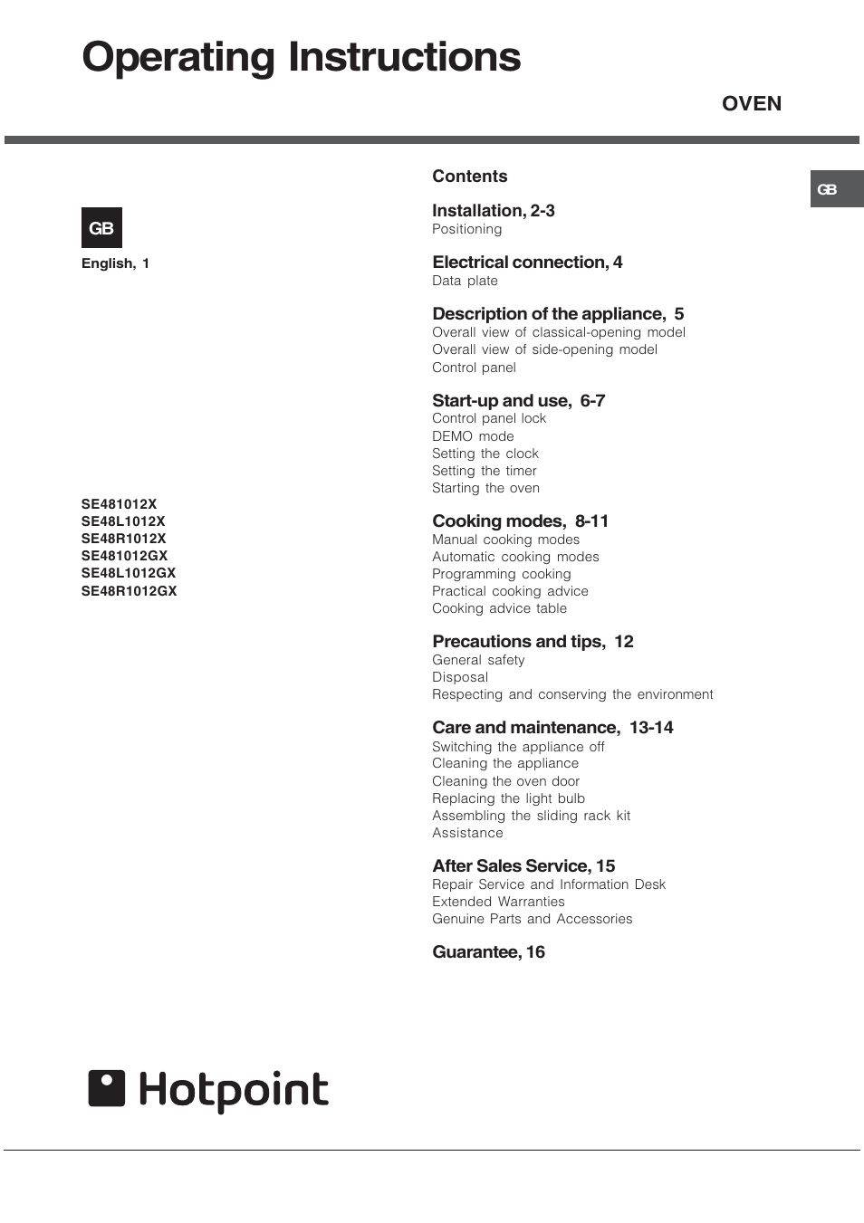 Hotpoint SE48R1012GX User Manual | 16 pages