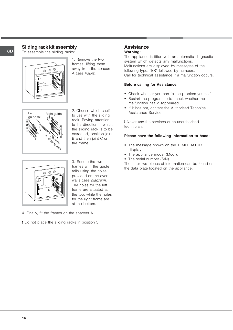 Sliding rack kit assembly, Assistance | Hotpoint SE48R1012GX User Manual | Page 14 / 16