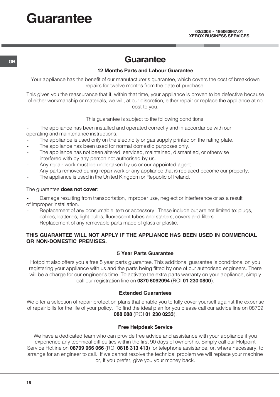 Guarantee | Hotpoint SE48R1012GX User Manual | Page 16 / 16
