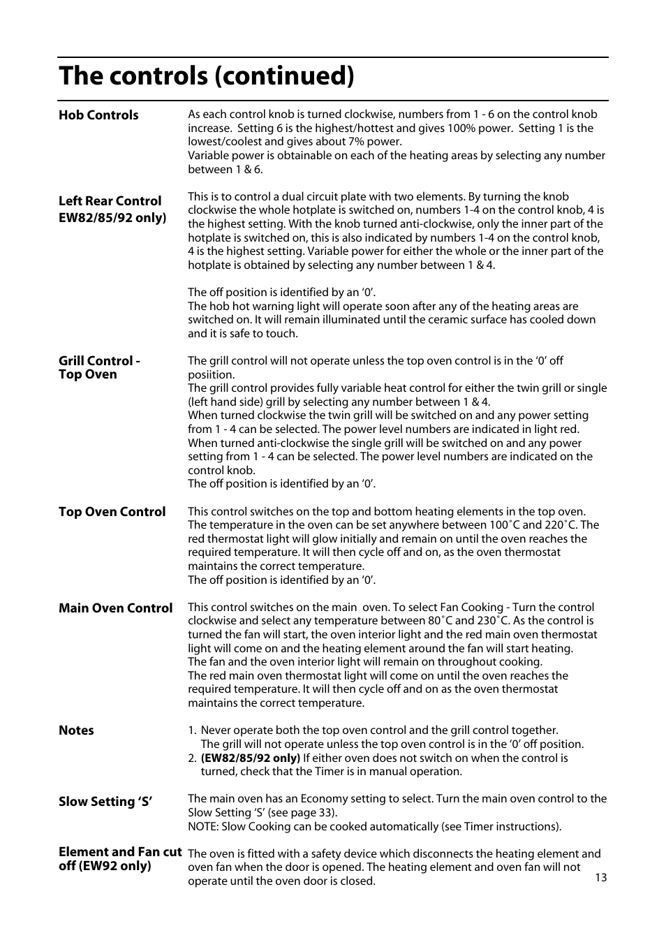 The controls (continued) | Hotpoint EW85 User Manual | Page 13 / 40