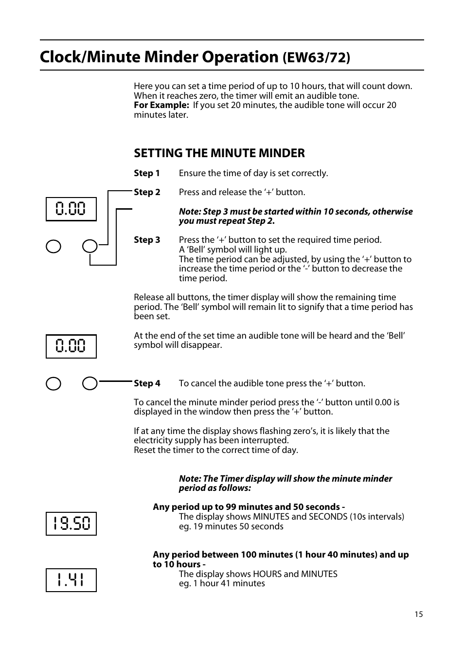 Clock/minute minder operation, Ew63/72), Setting the minute minder | Hotpoint EW85 User Manual | Page 15 / 40