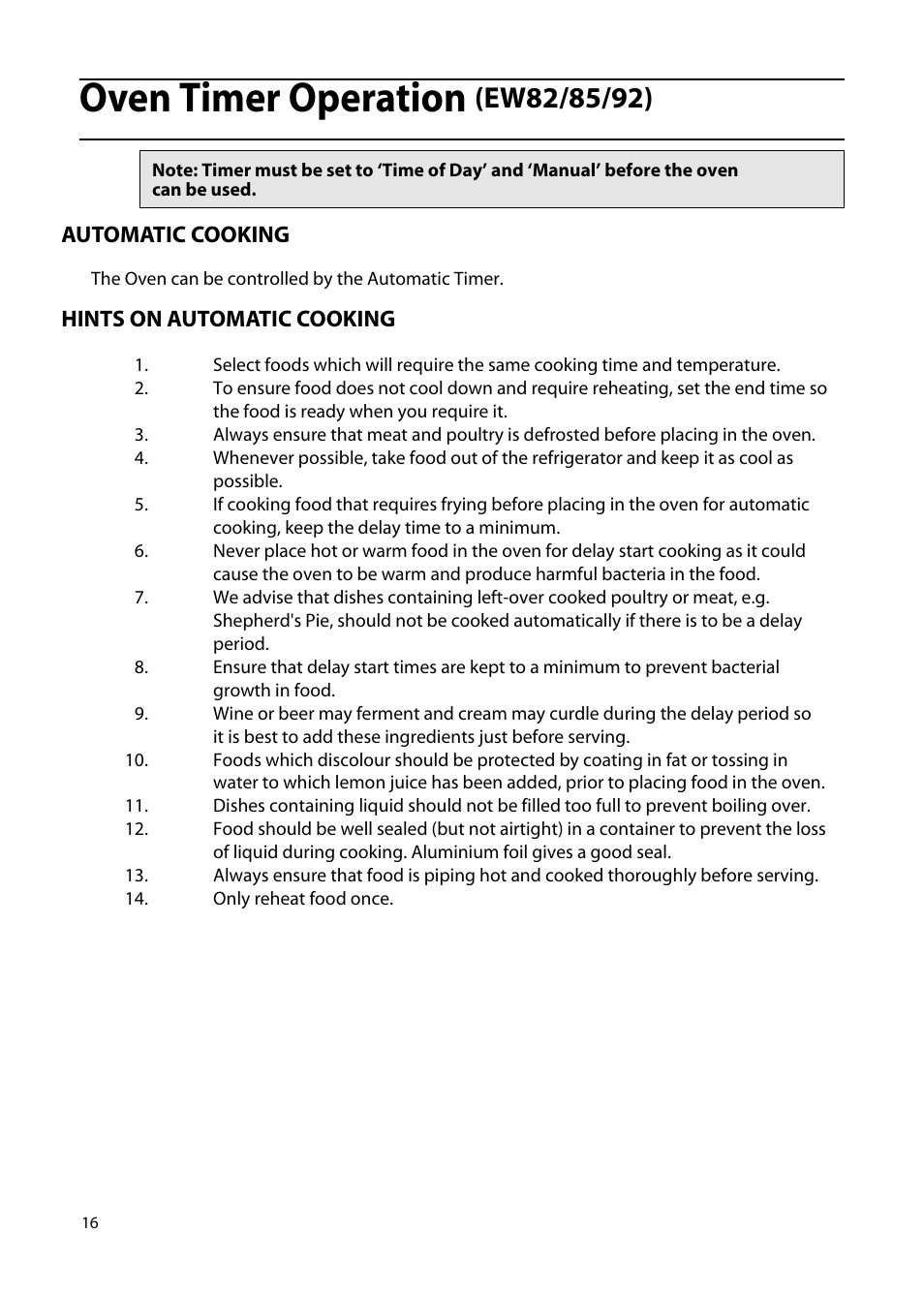 Oven timer operation | Hotpoint EW85 User Manual | Page 16 / 40