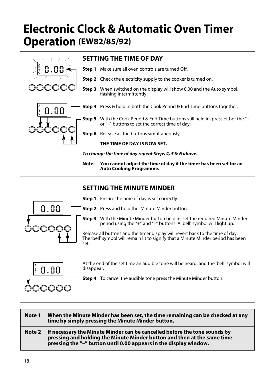 Electronic clock & automatic oven timer operation, Setting the time of day, Setting the minute minder | Hotpoint EW85 User Manual | Page 18 / 40