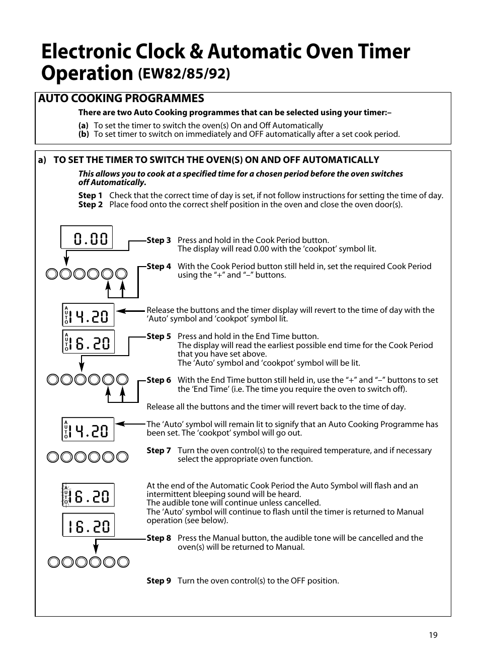 Electronic clock & automatic oven timer operation, Auto cooking programmes | Hotpoint EW85 User Manual | Page 19 / 40
