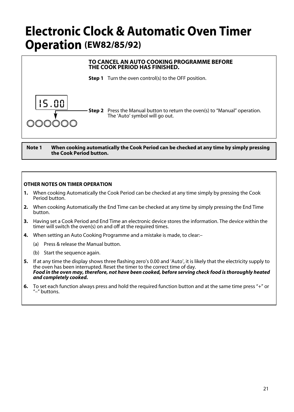 Electronic clock & automatic oven timer operation | Hotpoint EW85 User Manual | Page 21 / 40
