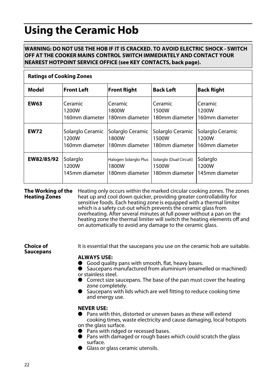 Using the ceramic hob | Hotpoint EW85 User Manual | Page 22 / 40