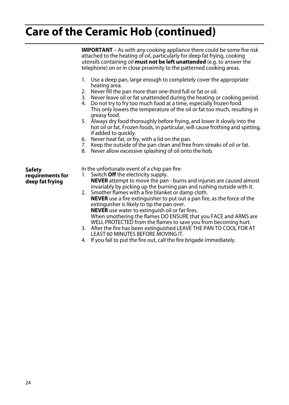 Care of the ceramic hob (continued) | Hotpoint EW85 User Manual | Page 24 / 40