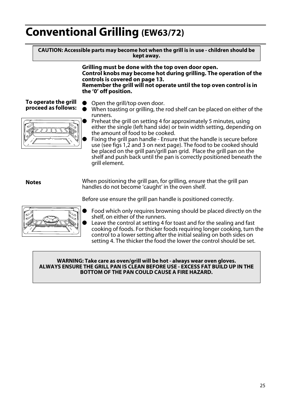 Conventional grilling, Ew63/72) | Hotpoint EW85 User Manual | Page 25 / 40