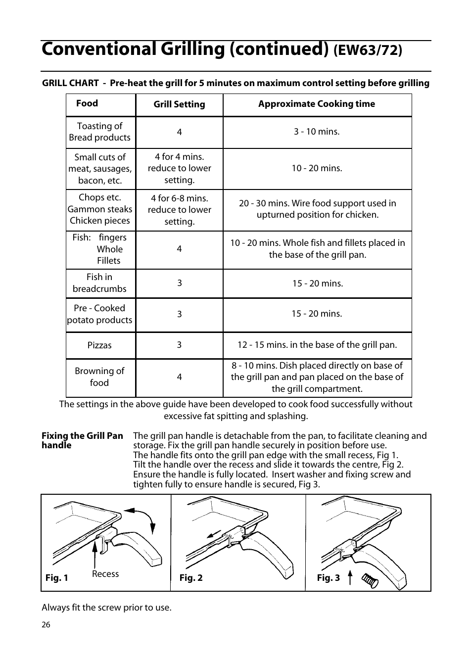 Conventional grilling (continued), Ew63/72) | Hotpoint EW85 User Manual | Page 26 / 40