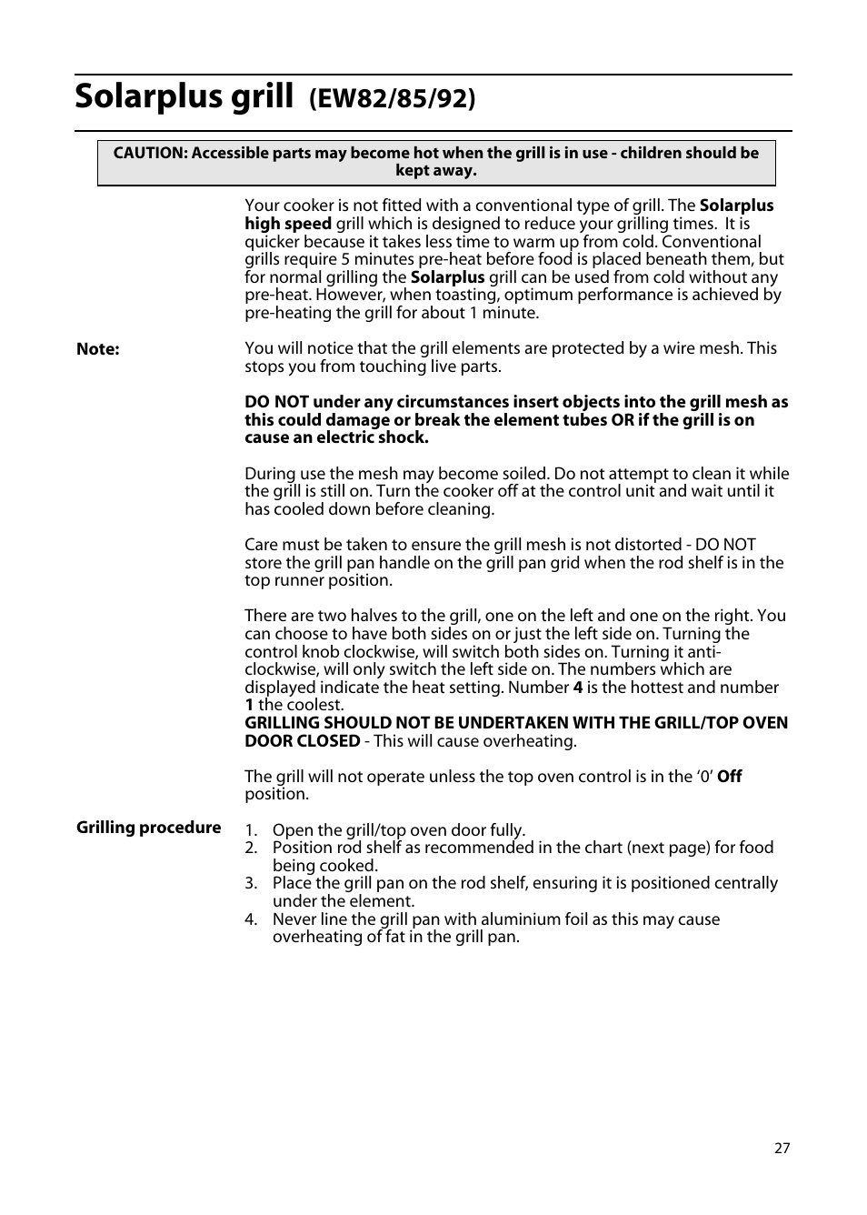 Solarplus grill | Hotpoint EW85 User Manual | Page 27 / 40