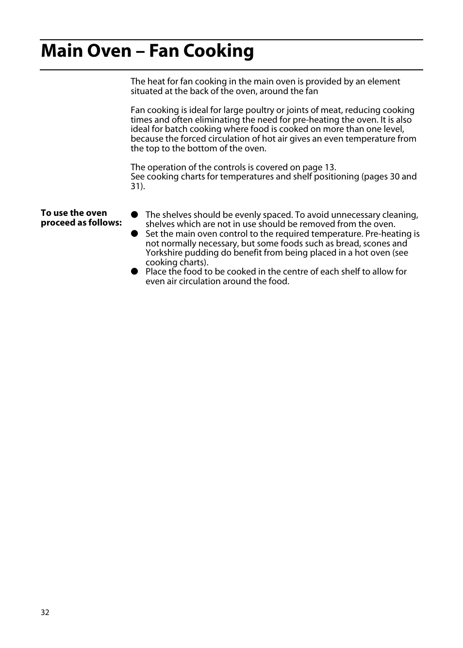 Main oven – fan cooking | Hotpoint EW85 User Manual | Page 32 / 40