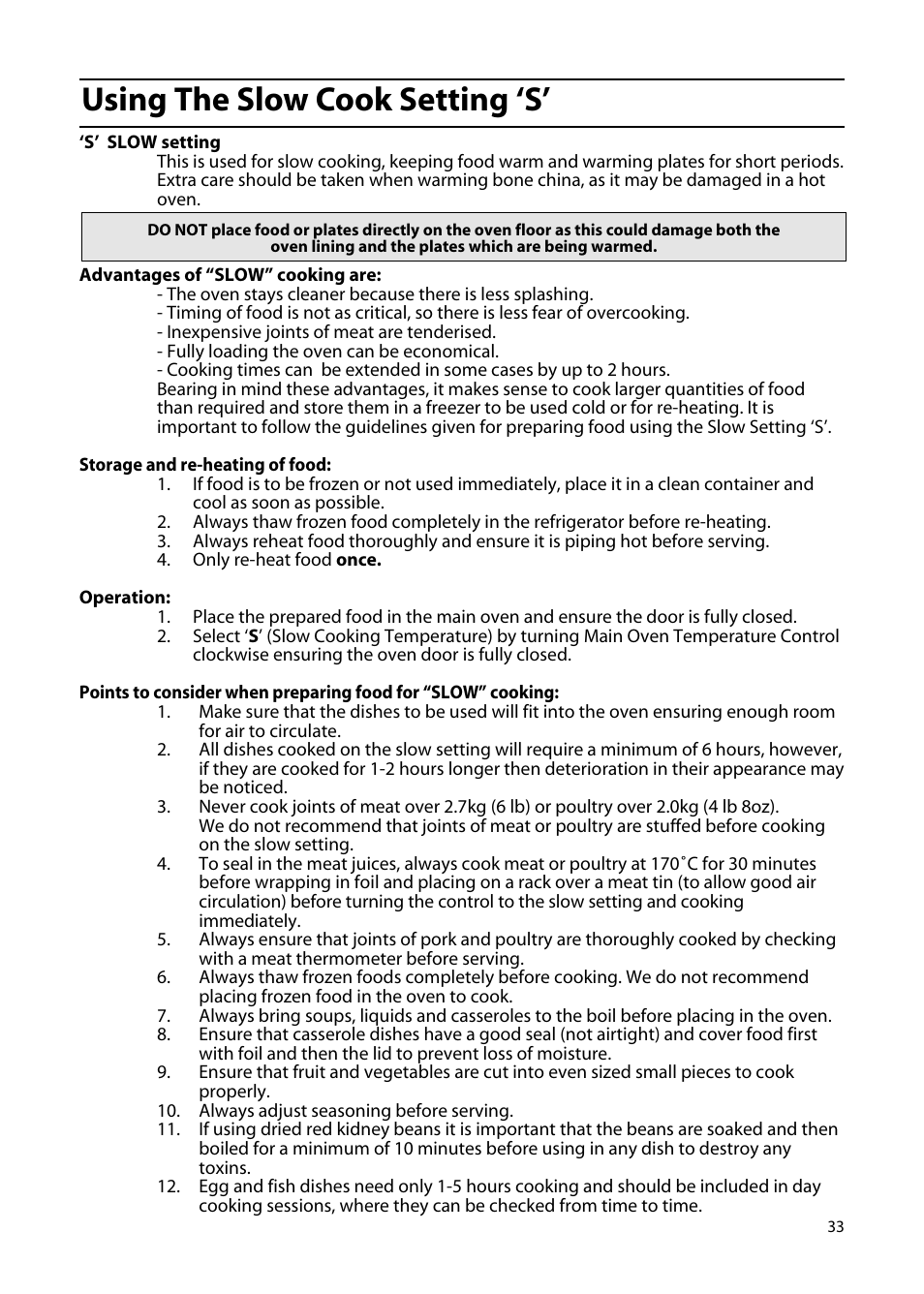 Using the slow cook setting ‘s | Hotpoint EW85 User Manual | Page 33 / 40