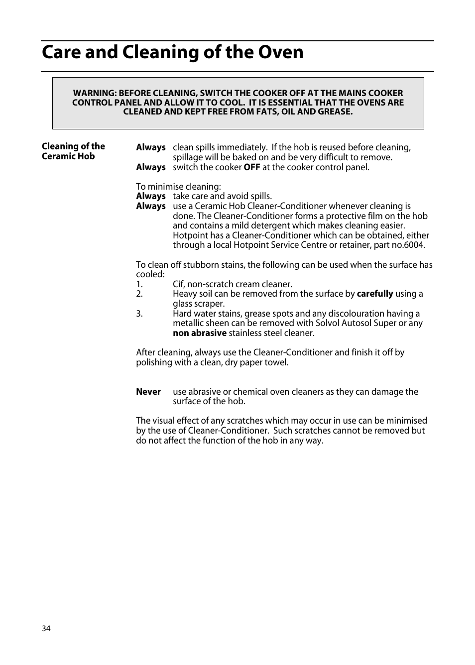 Care and cleaning of the oven | Hotpoint EW85 User Manual | Page 34 / 40