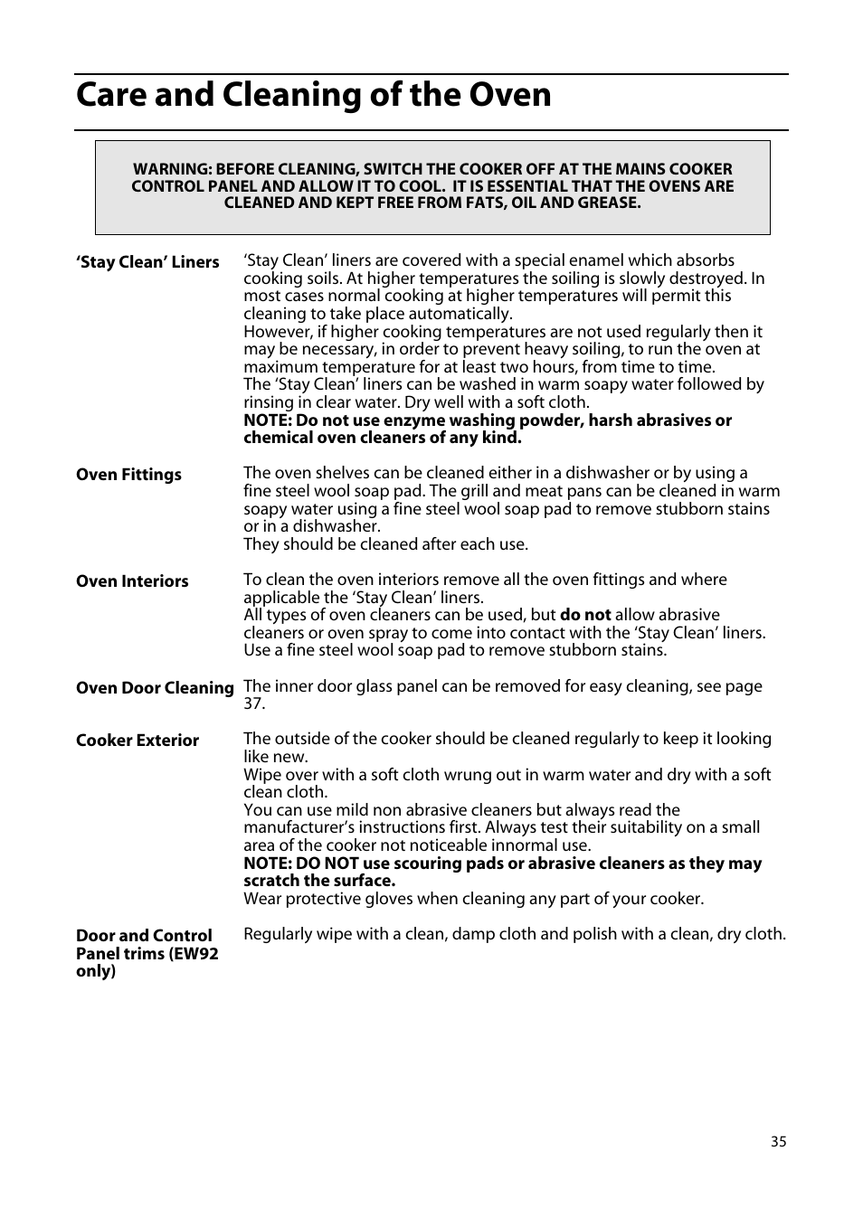 Care and cleaning of the oven | Hotpoint EW85 User Manual | Page 35 / 40