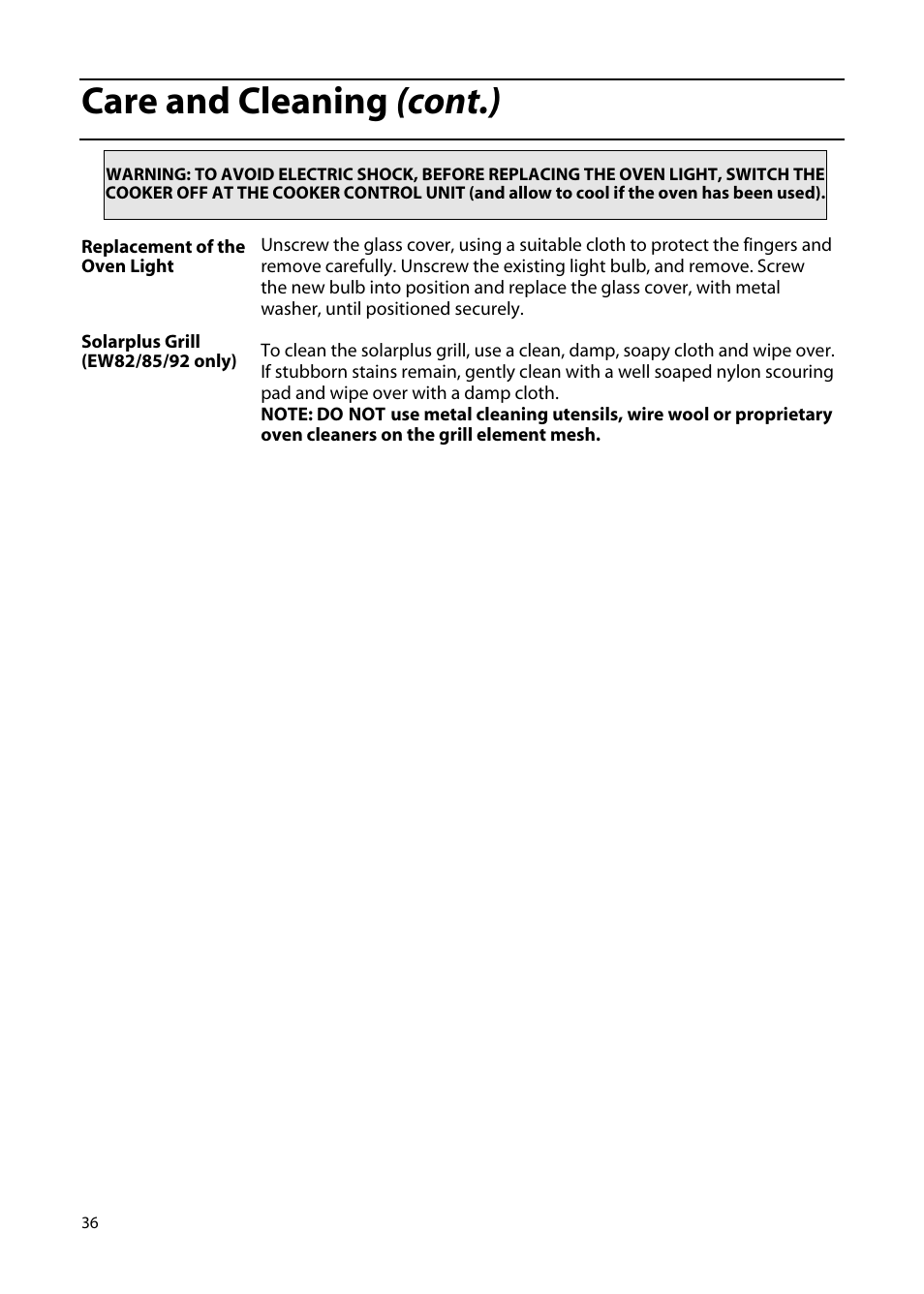 Care and cleaning (cont.) | Hotpoint EW85 User Manual | Page 36 / 40