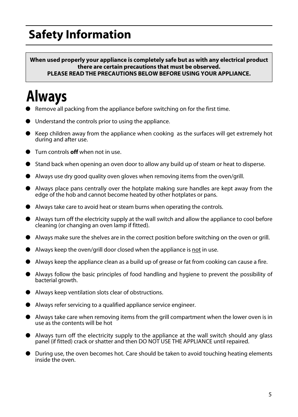 Always, Safety information | Hotpoint EW85 User Manual | Page 5 / 40