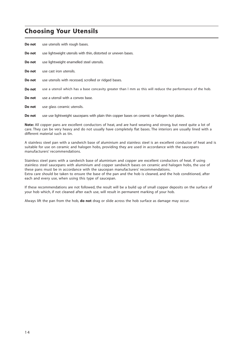 Choosing your utensils | Hotpoint 50cm Free Standing Electric Cooker EW36G User Manual | Page 14 / 28