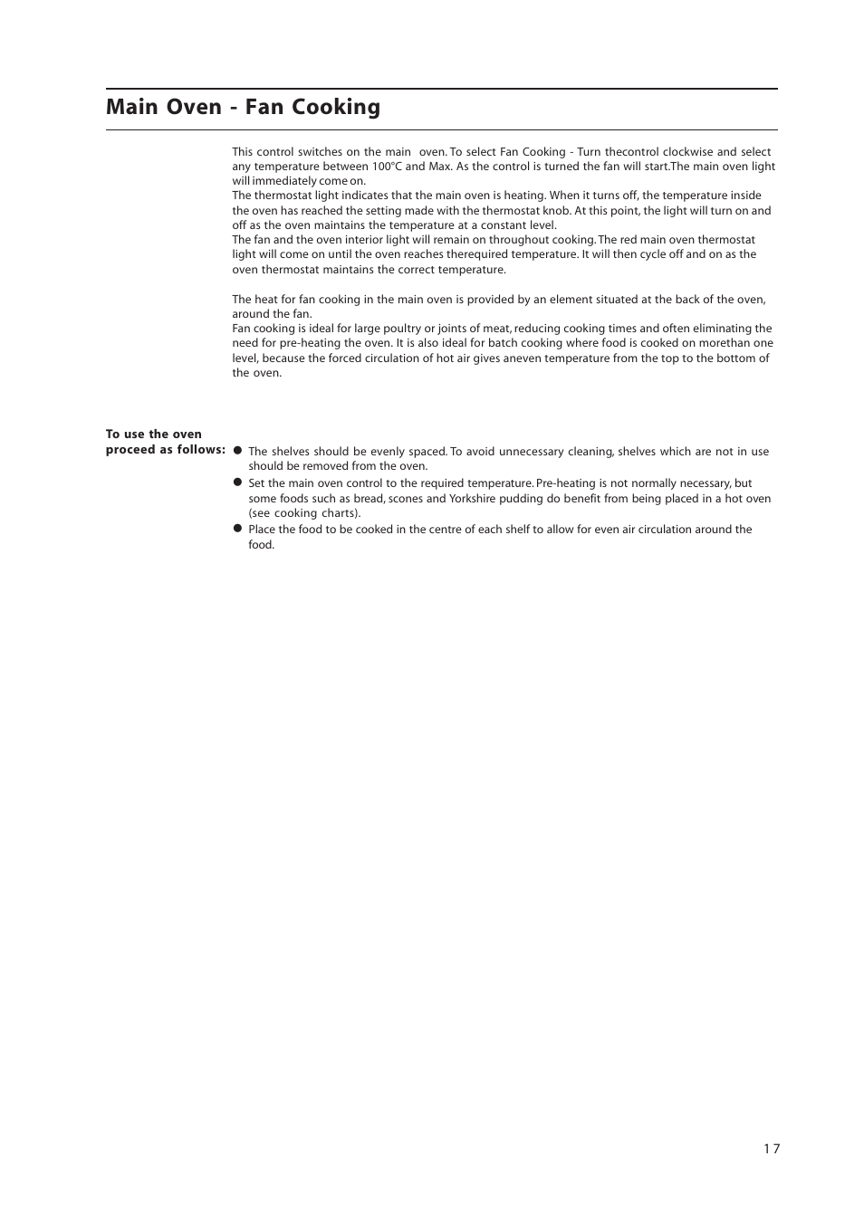 Main oven - fan cooking | Hotpoint 50cm Free Standing Electric Cooker EW36G User Manual | Page 17 / 28