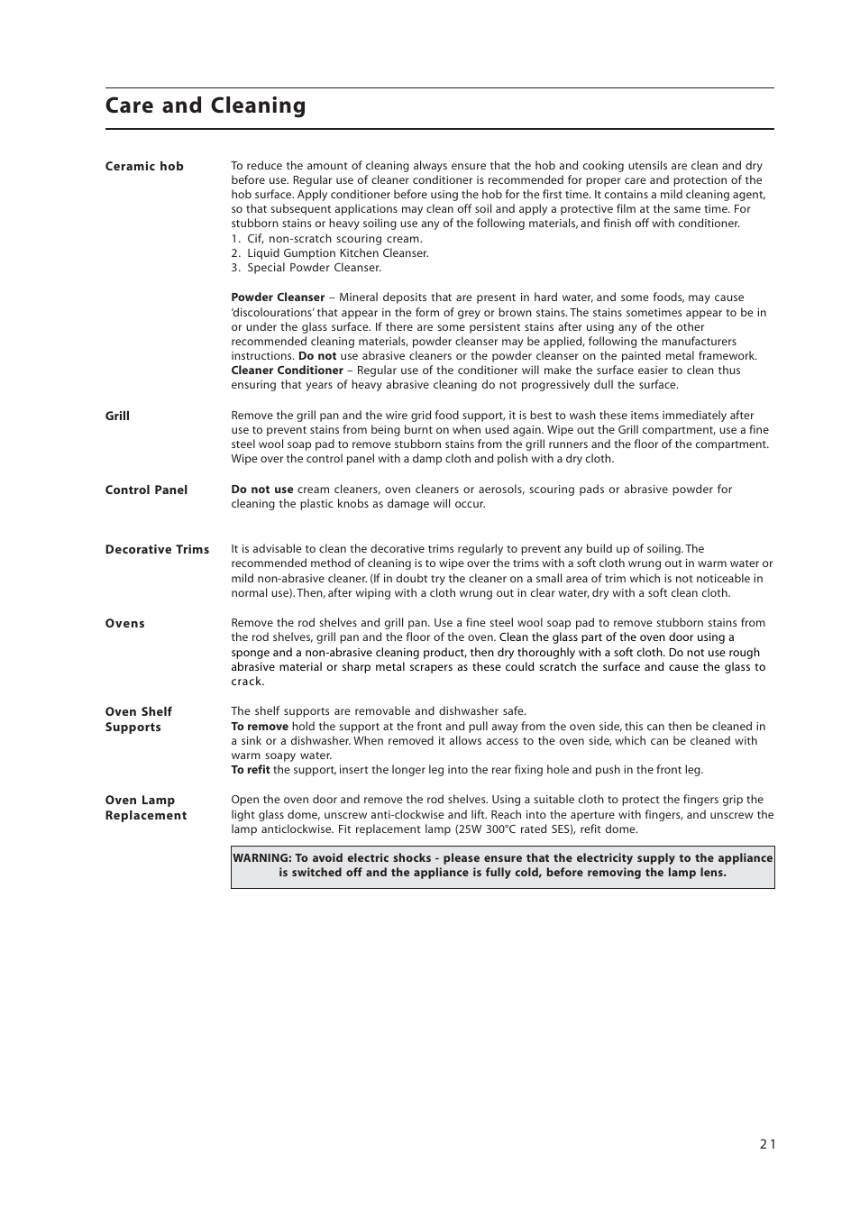 Care and cleaning | Hotpoint 50cm Free Standing Electric Cooker EW36G User Manual | Page 21 / 28