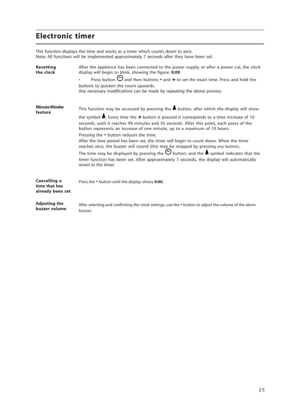 Electronic timer | Hotpoint 50cm Free Standing Electric Cooker EW36G User Manual | Page 25 / 28