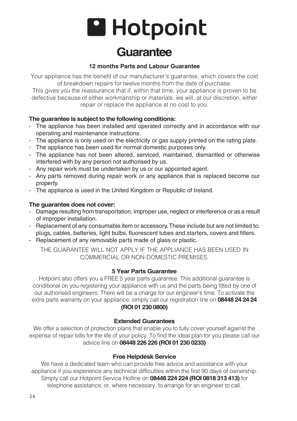 Guarantee | Hotpoint 50cm Free Standing Electric Cooker EW36G User Manual | Page 26 / 28