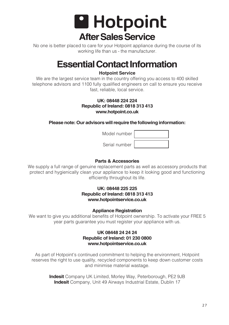 After sales service, Essential contact information | Hotpoint 50cm Free Standing Electric Cooker EW36G User Manual | Page 27 / 28