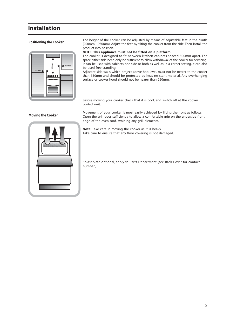 Installation | Hotpoint 50cm Free Standing Electric Cooker EW36G User Manual | Page 5 / 28