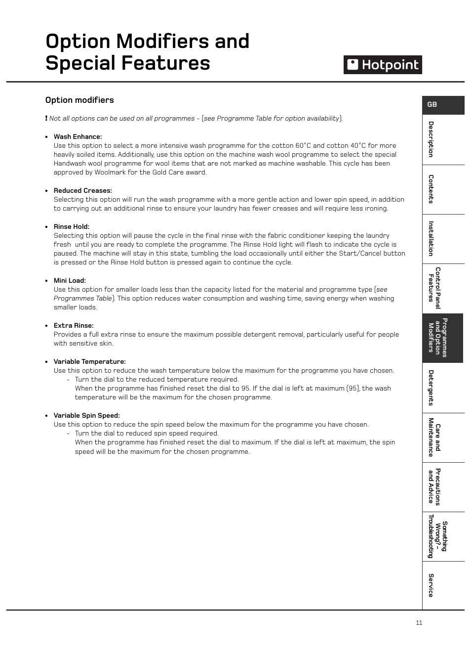 Option modifiers and special features, Option modifiers | Hotpoint WF101 User Manual | Page 11 / 20