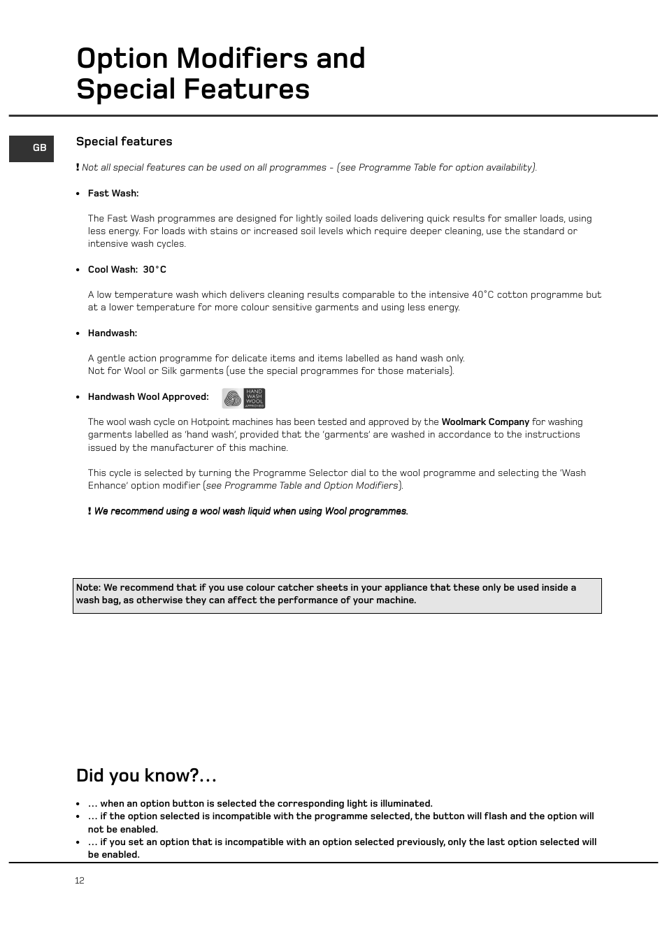 Option modifiers and special features, Did you know, Special features | Hotpoint WF101 User Manual | Page 12 / 20