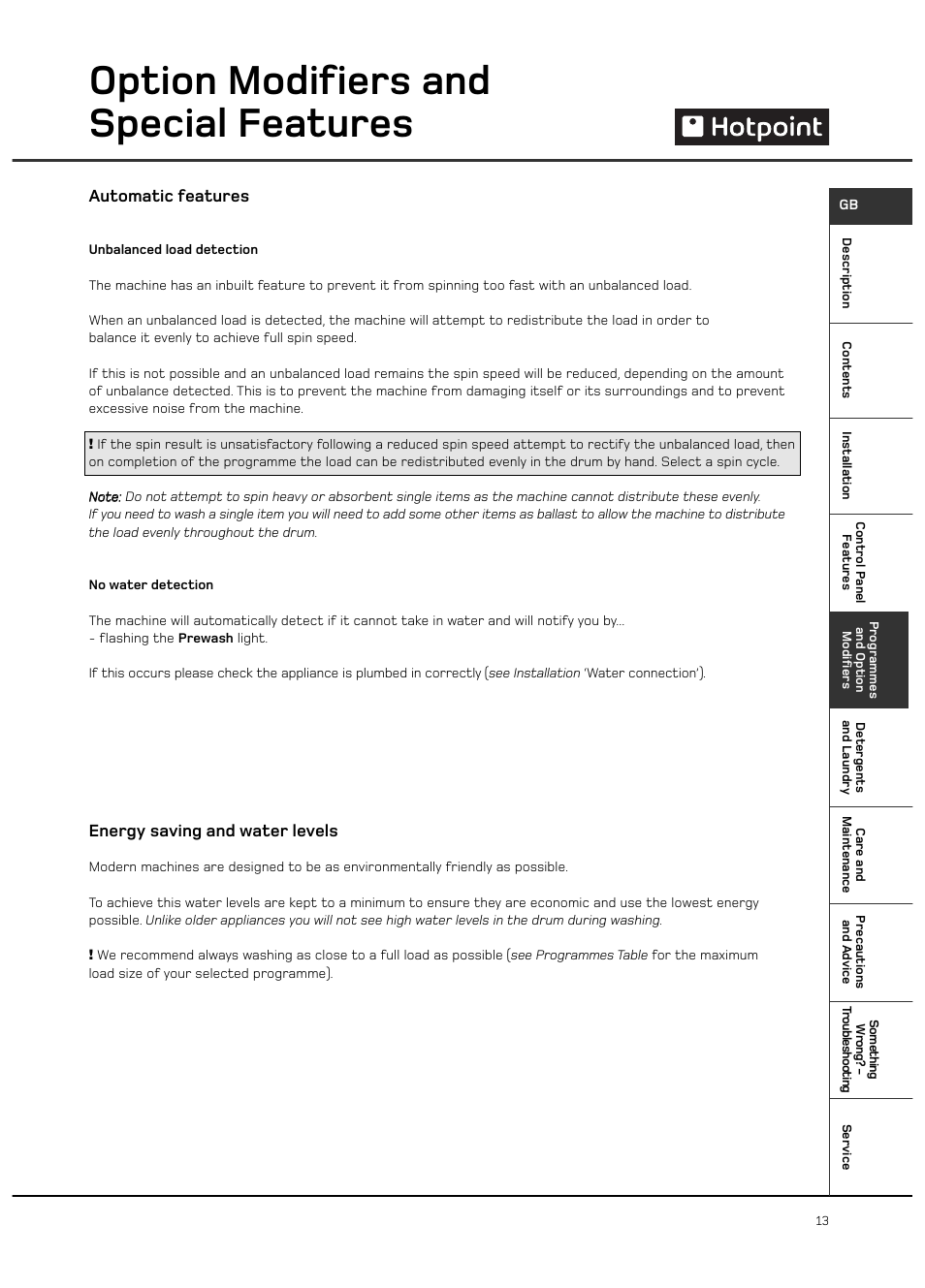 Option modifiers and special features, Automatic features, Energy saving and water levels | Hotpoint WF101 User Manual | Page 13 / 20