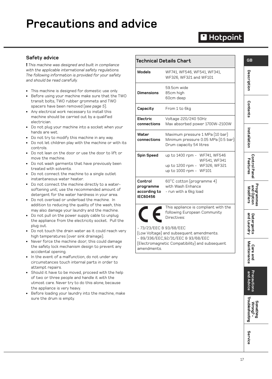 Precautions and advice, Technical details chart, Safety advice | Hotpoint WF101 User Manual | Page 17 / 20