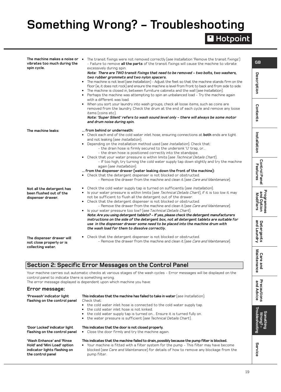 Something wrong? - troubleshooting, Error message | Hotpoint WF101 User Manual | Page 19 / 20