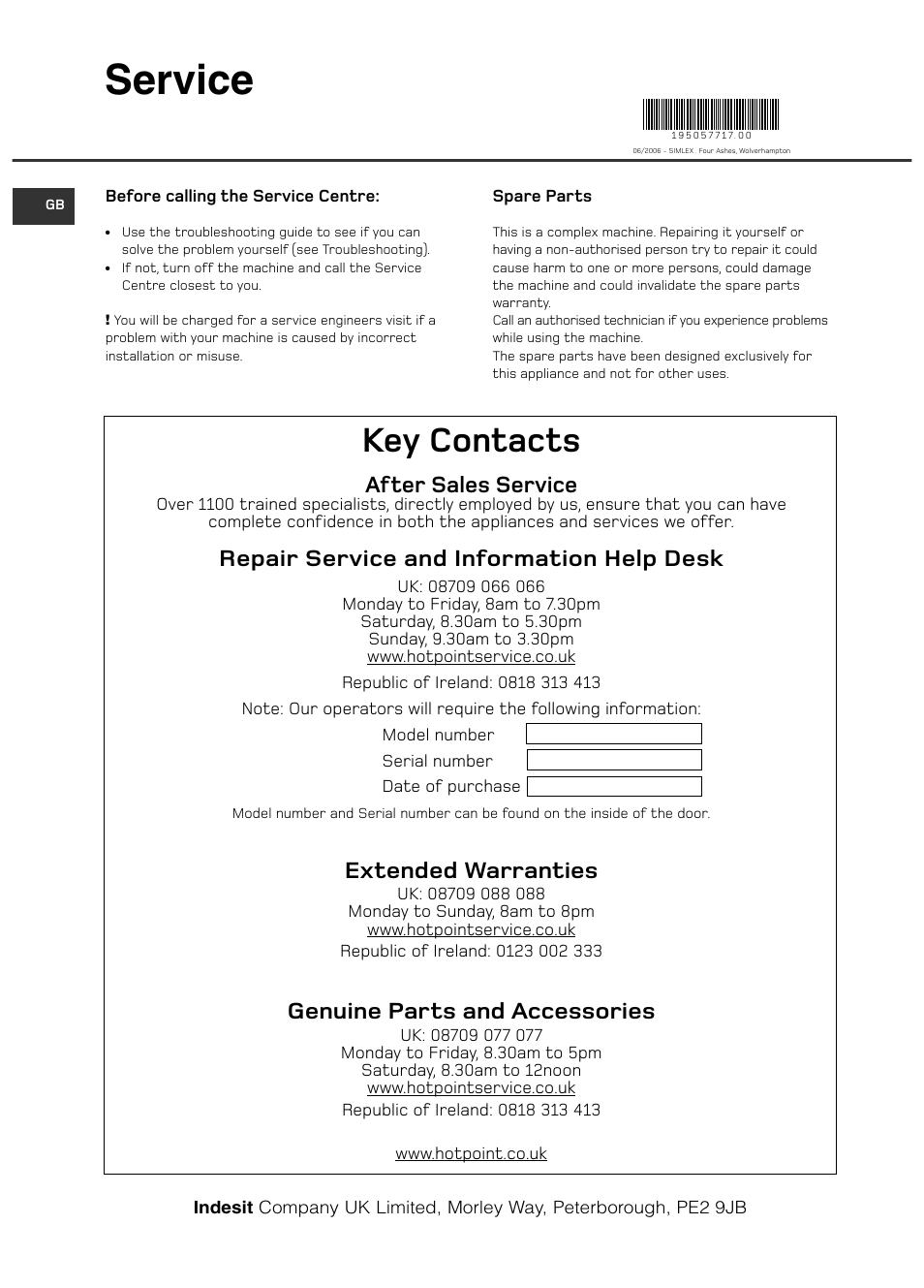 Service, Key contacts, After sales service | Repair service and information help desk, Extended warranties, Genuine parts and accessories | Hotpoint WF101 User Manual | Page 20 / 20