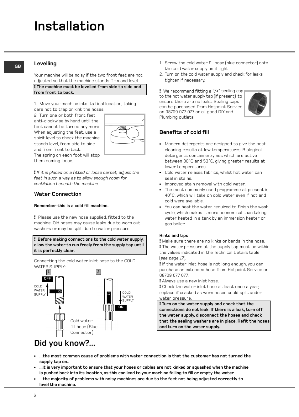 Installation, Did you know, Water connection | Benefits of cold fill, Levelling | Hotpoint WF101 User Manual | Page 6 / 20